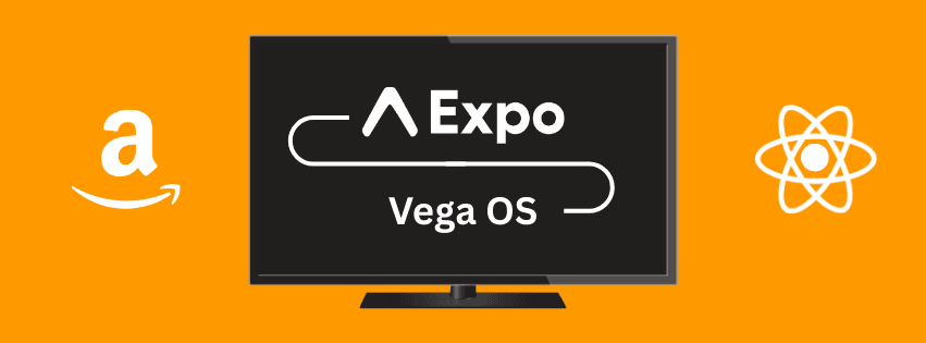 Computer monitor with Expo and Vega OS logos, flanked by logo for AWS and React