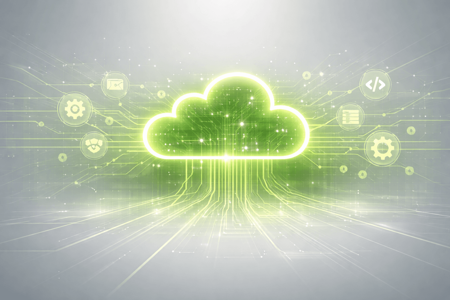 Futuristic looking neon cloud has lines radiating out to technology icons, on gray background.
