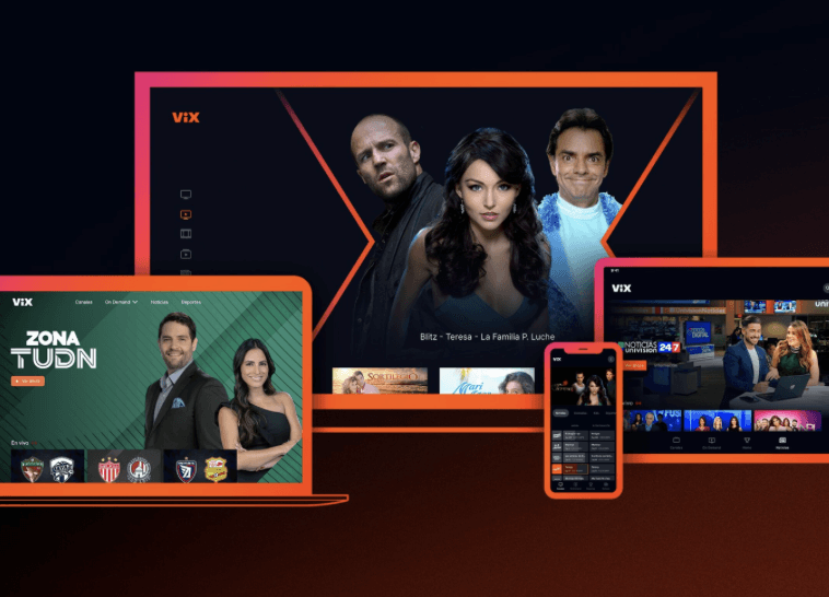 ViX logo with celebrity images on TV, mobile, laptop and iPad