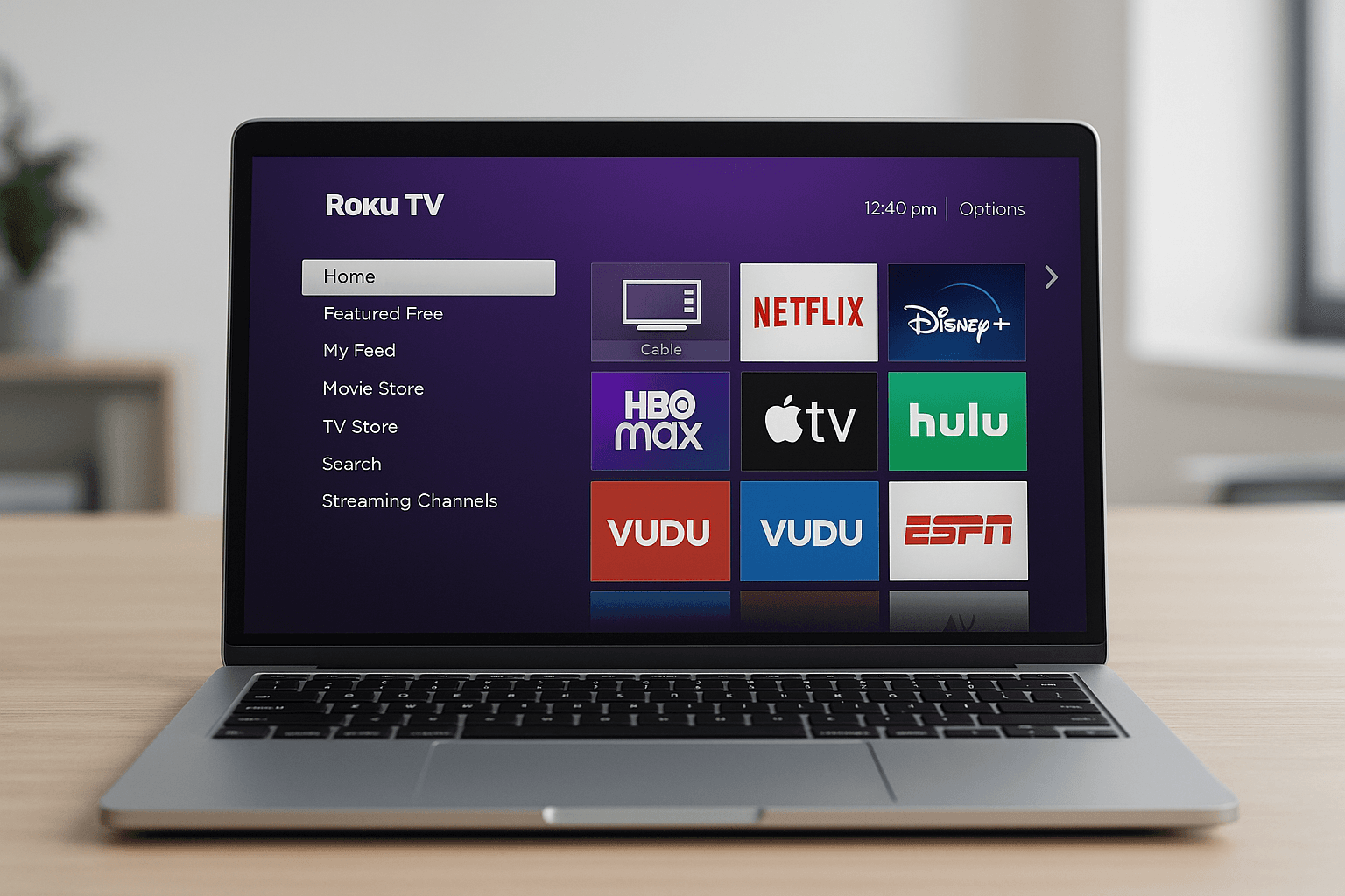Laptop computer on a table with the Roku TV interface on screen