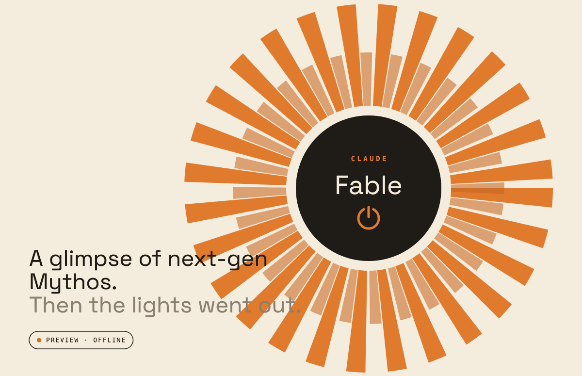 Claude Fable alternate orange sunburst on neutral background reading "A glimpse of next-gen Mythos. Then the lights went out."