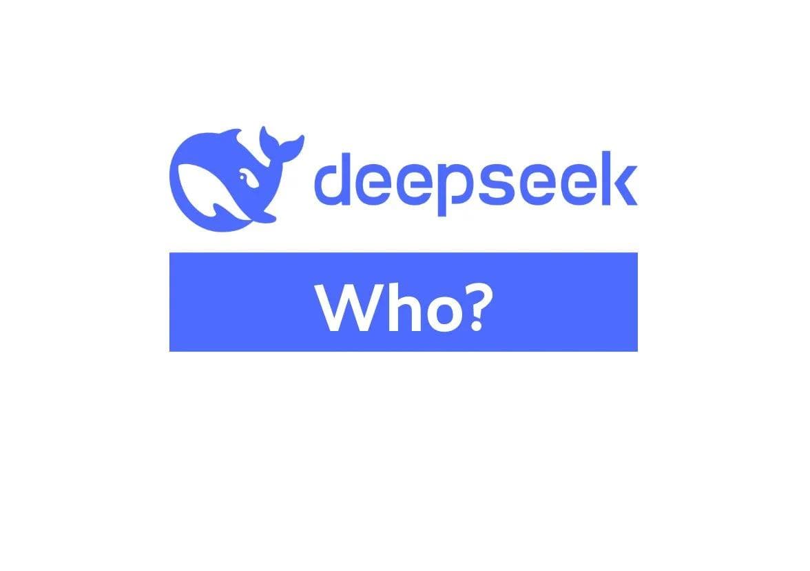 blue deepseek logo with a block of text saying "who?" underneath