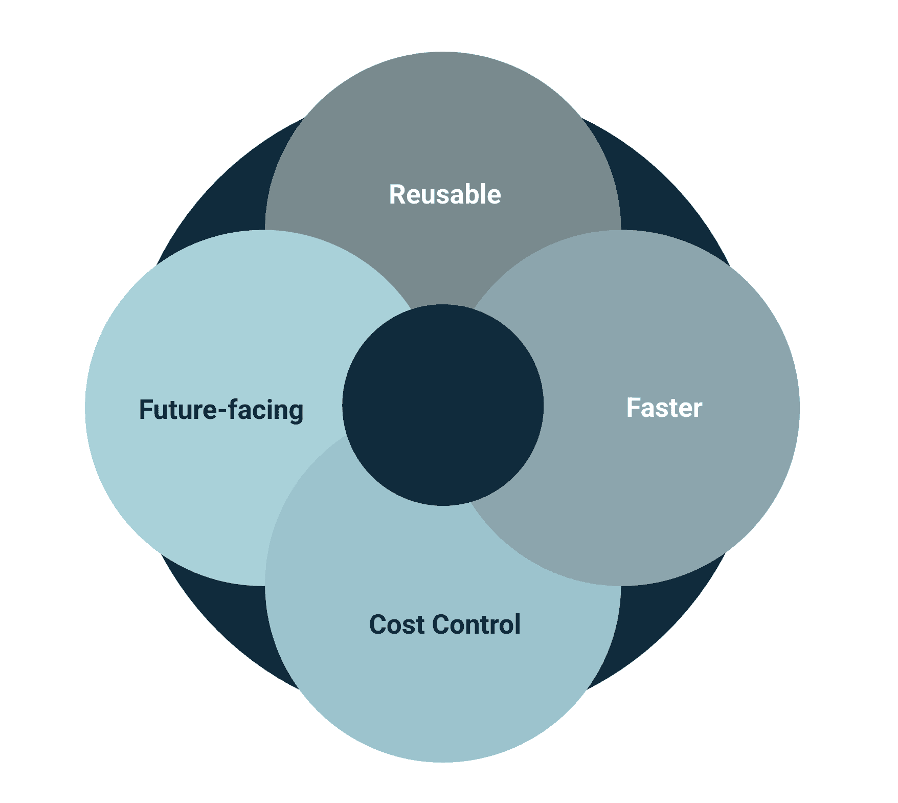 Diagram in blue shades and four intersection circles each with the words "Reusable", "Faster", "Cost Control" and "Future-facing"
