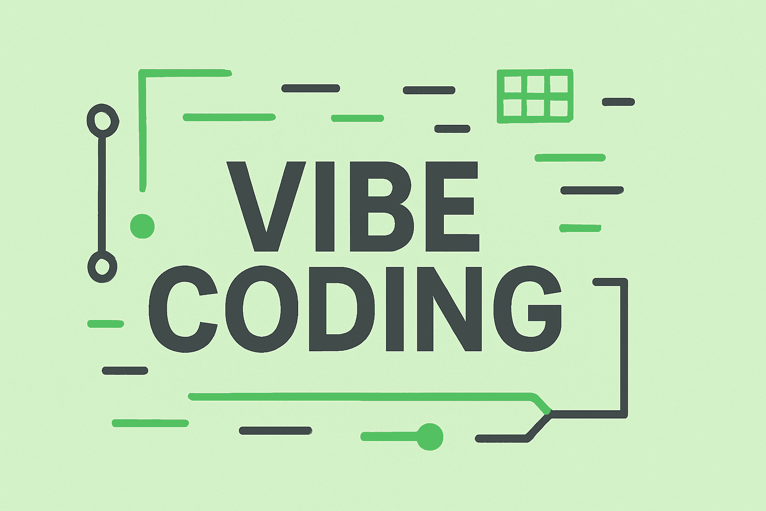 Gray vibe coding wording on green background with abstract technical shapes surrounding.