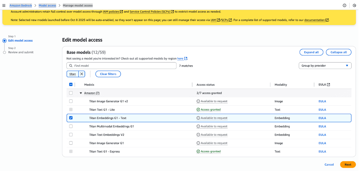 Edit model access - Titan Embeddings G1 screenshot