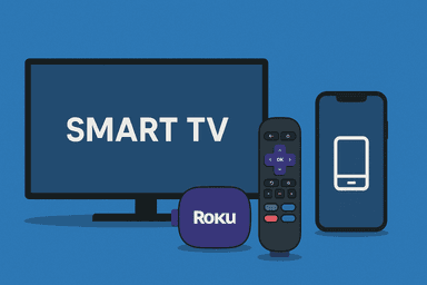 Smart TV, remote, mobile phone and smart TV box images on solid blue background