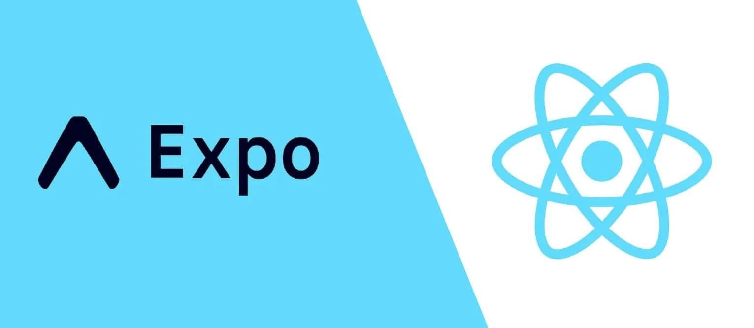 Split image with Expo logo on the left on blue background and React Native logo on the right on white background