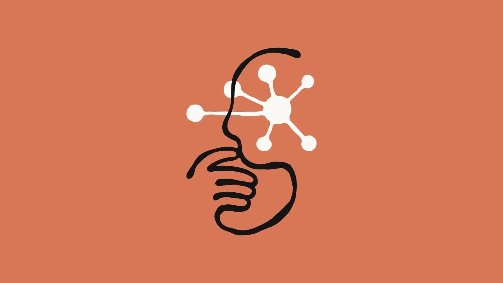 hand-drawn graphic of outlined person thinking represented by white splotch on orange background