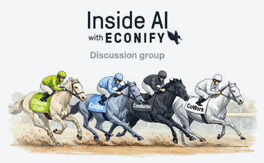 Inside AI with Econify Discussion Group with four horses labeled Claude code, codex, conductor and cowork