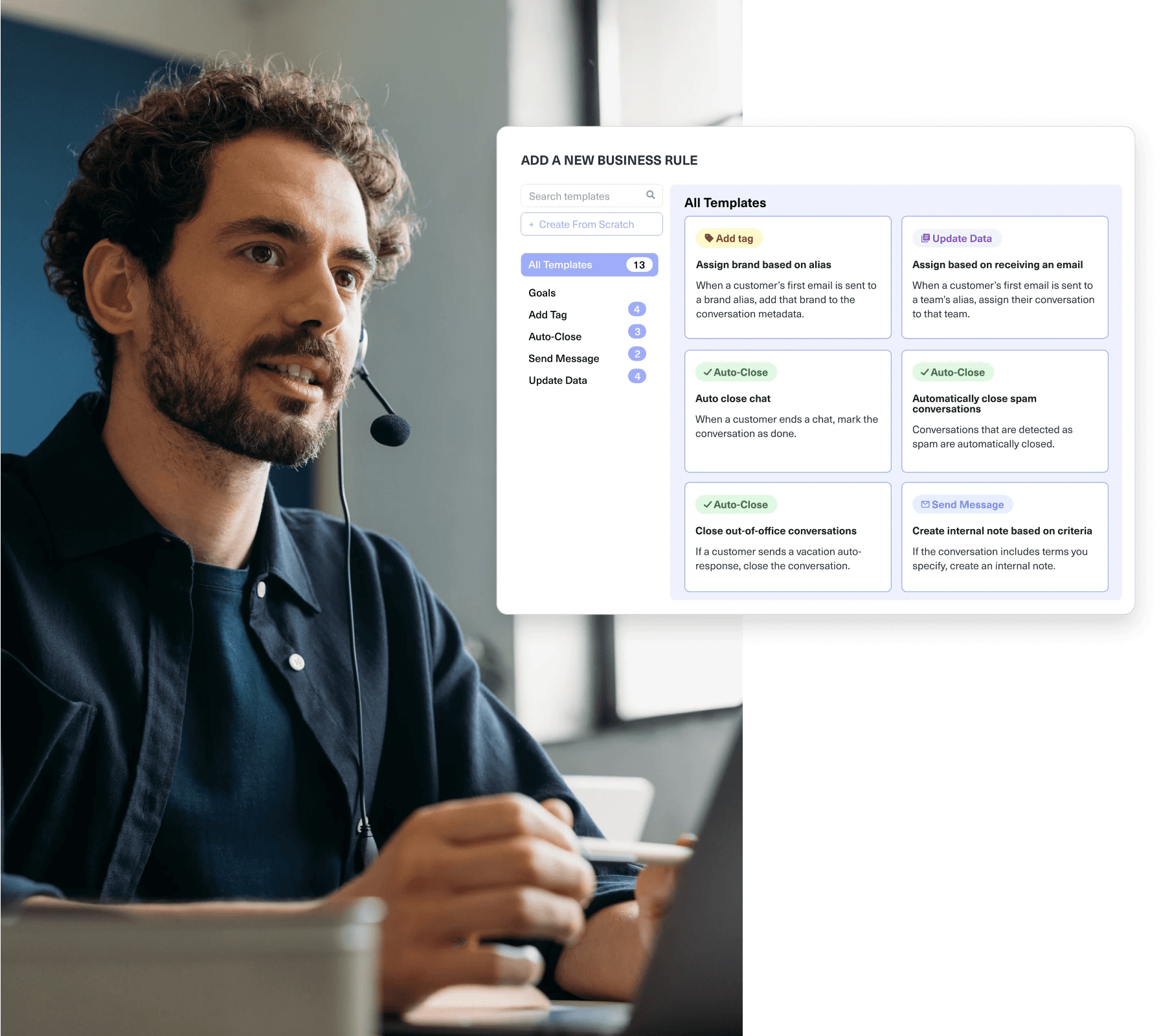 A man with curly hair and a headset sits at a desk, looking engaged. Next to him is a screenshot of a software interface titled Add a New Business Rule, displaying various rule templates for automation.