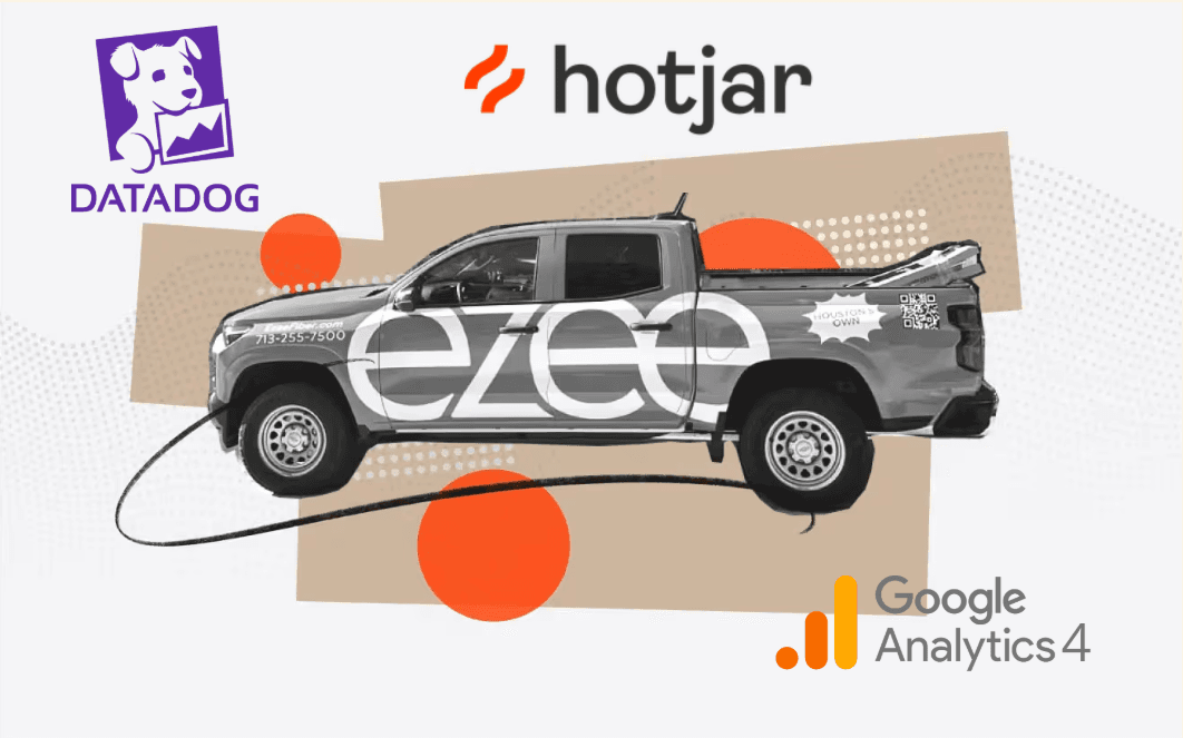 A grey pickup truck with “Ezee” on its side is overlaid on a background featuring Datadog, Hotjar, and Google Analytics 4 logos with orange circles.