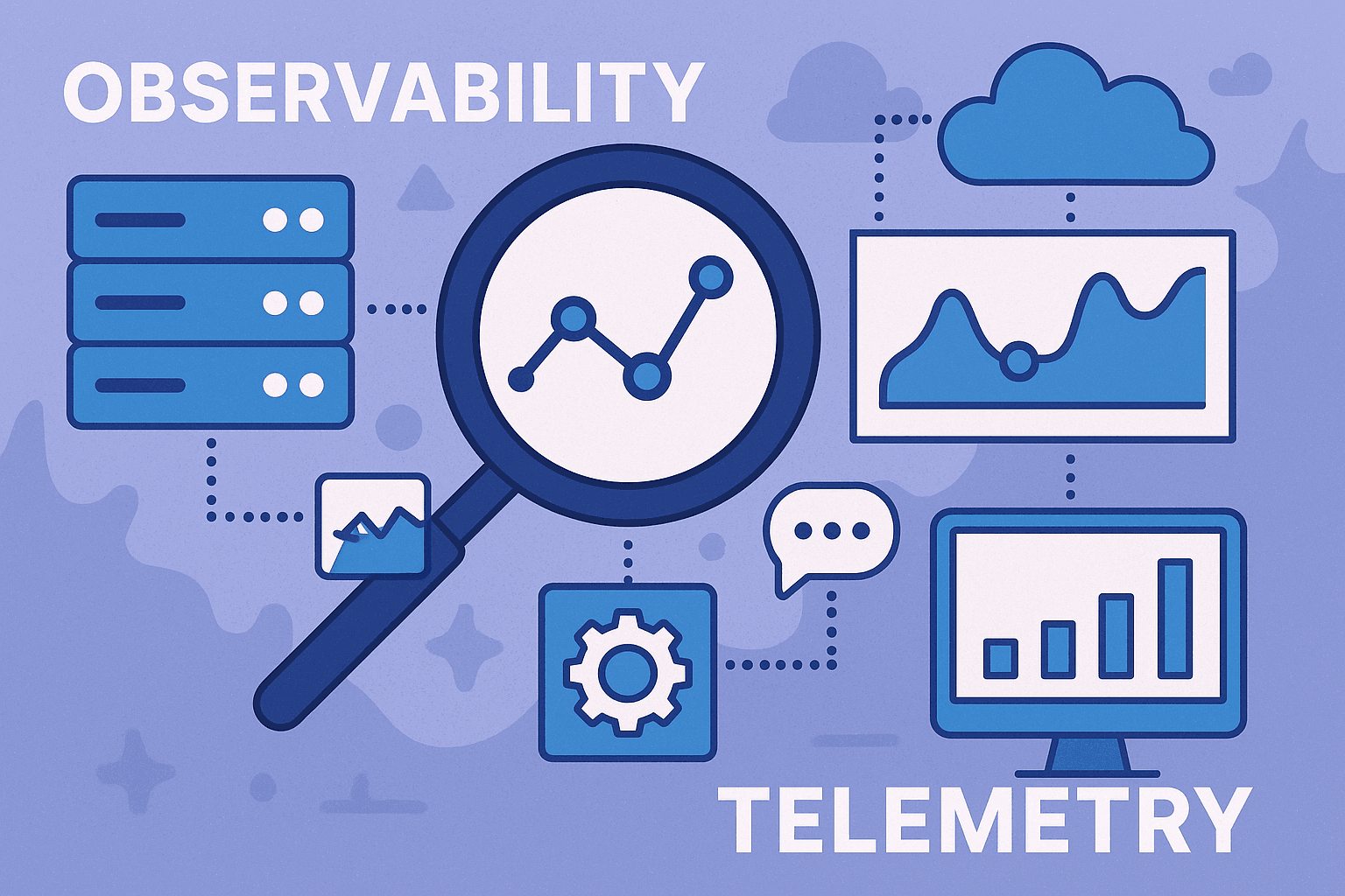 Illustration showing a magnifying glass over data charts, servers, and graphs, with the words "Observability" and "Telemetry" in bold letters.